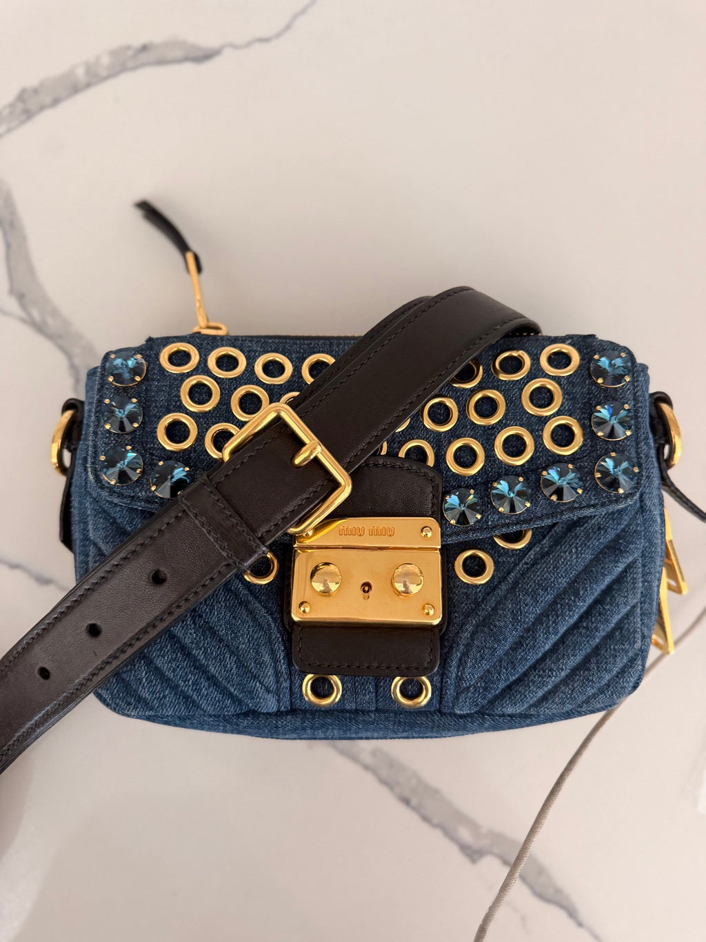 Miu Miu Denim Crystal-Embellished Crossbody Bag — Eyelet Detail