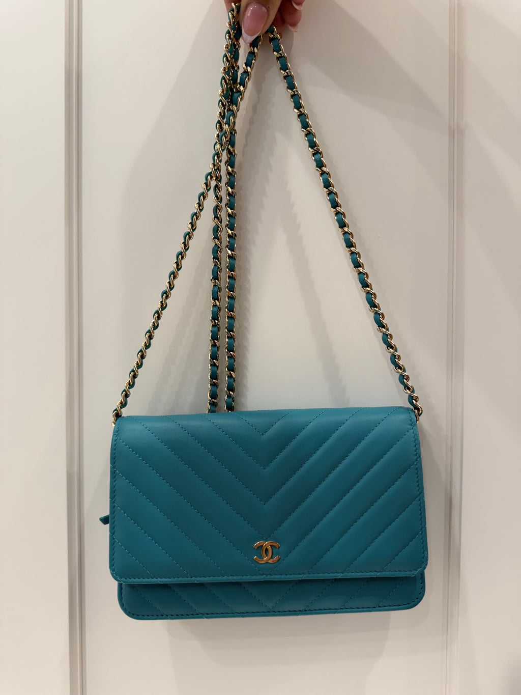 Chanel Chevron Lambskin Wallet On Chain in Aqua Blue with Gold Hardware