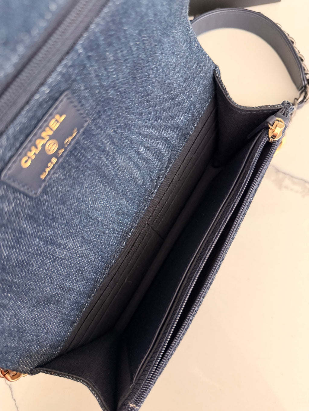 Chanel 19 Navy Quilted Denim Wallet On Chain