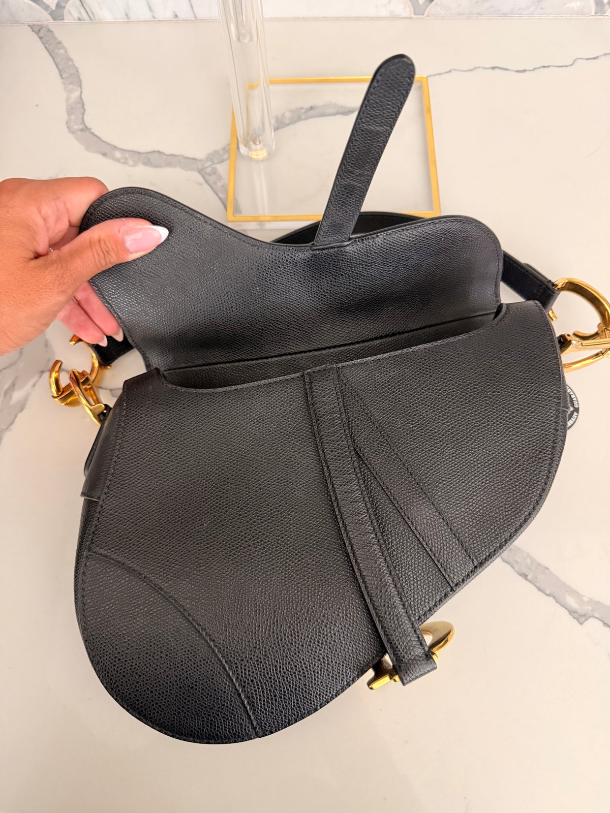 DIOR Black Saddle Shoulder Bag with Gold D Charm