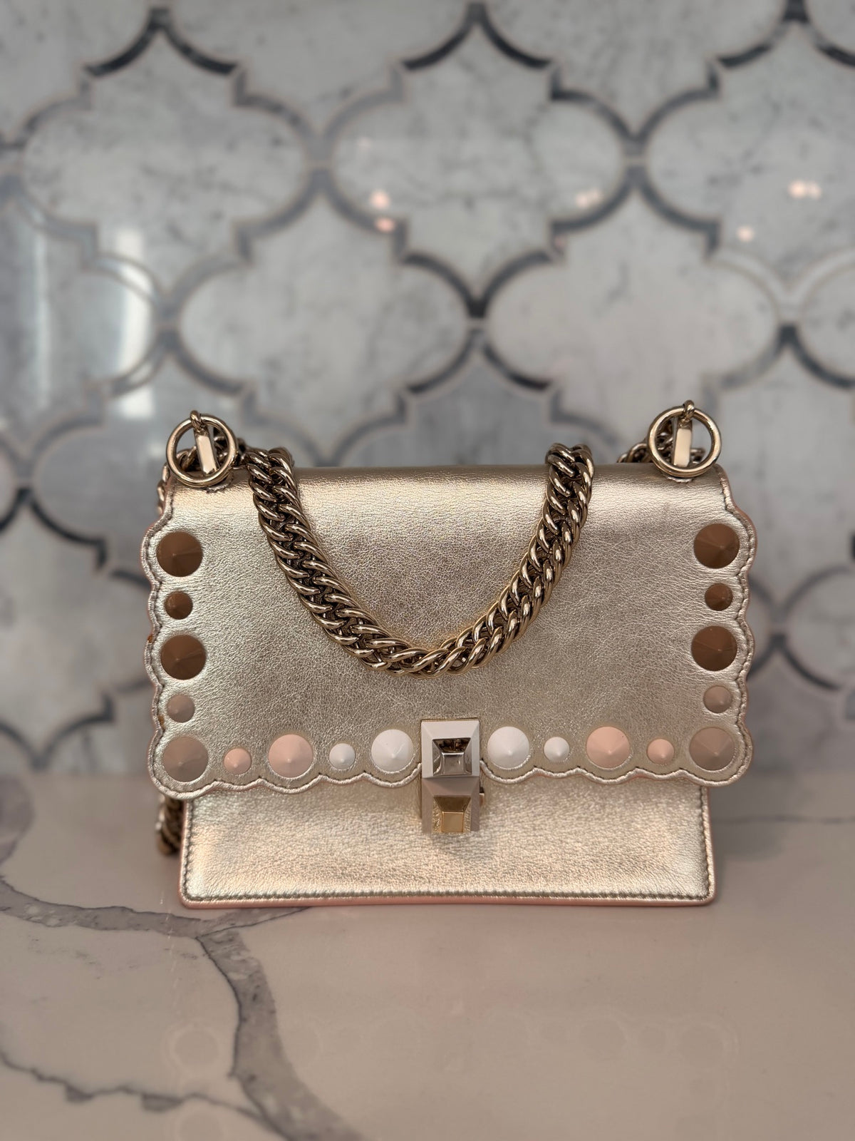 Fendi Silver Metallic Leather Kan I Rainbow Studs Crossbody