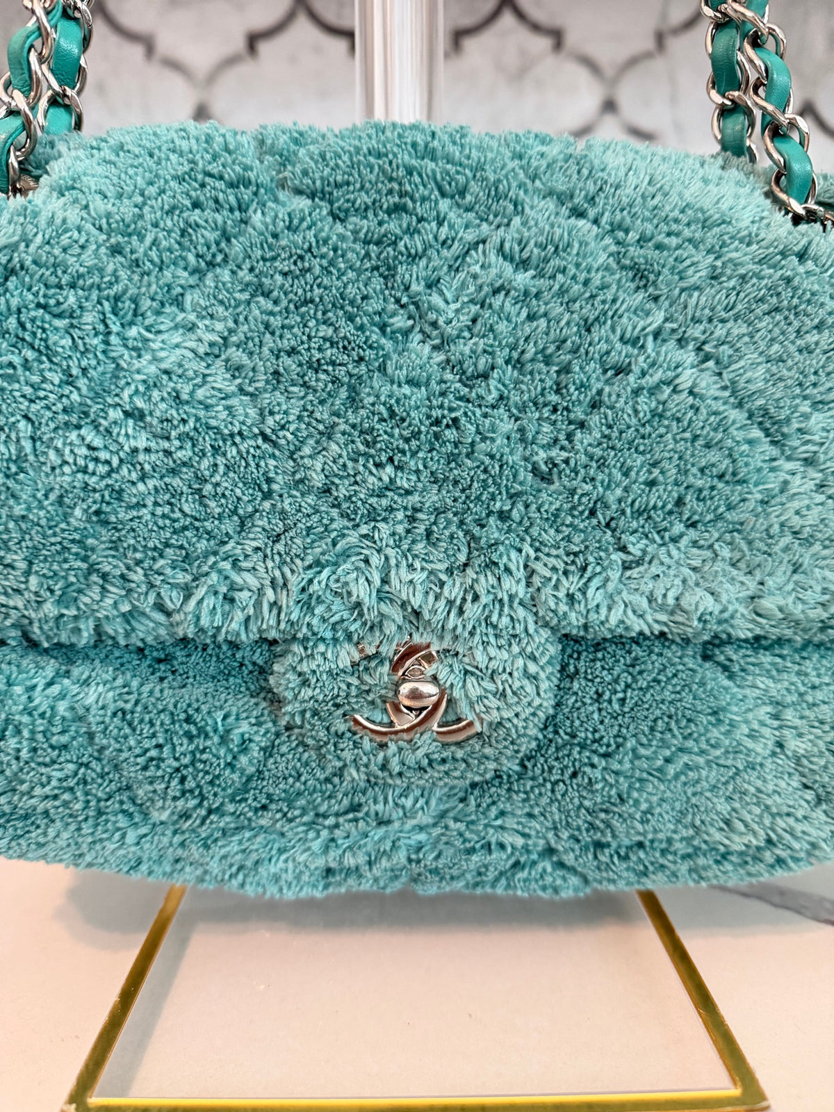 Chanel 19 Flap Bag — Green Terry Cloth with Silver Hardware