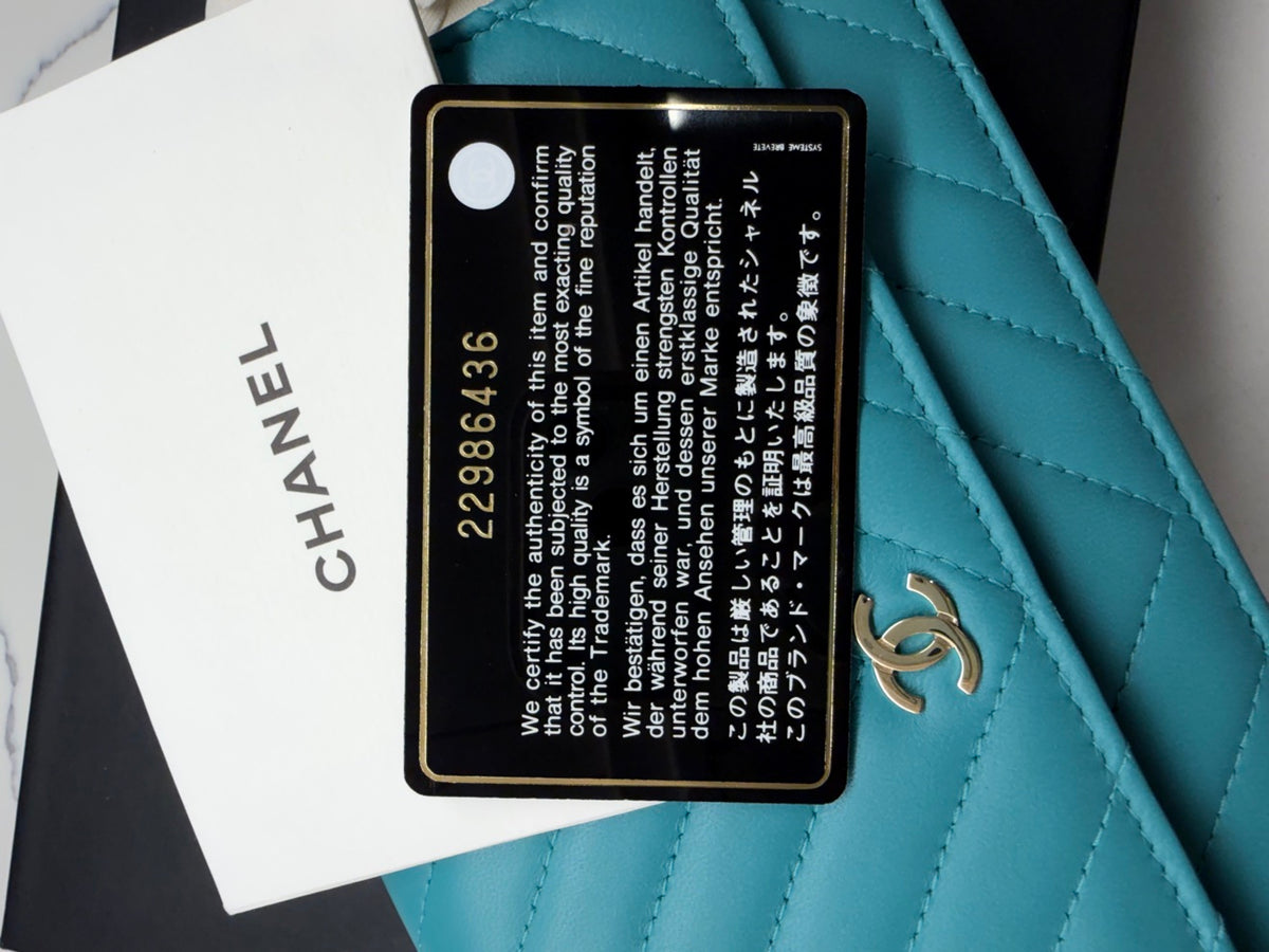 Chanel Chevron Lambskin Wallet On Chain in Aqua Blue with Gold Hardware