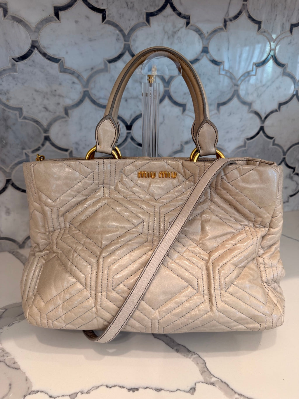 Miu Miu Matelasse Tote — Beige Quilted Leather