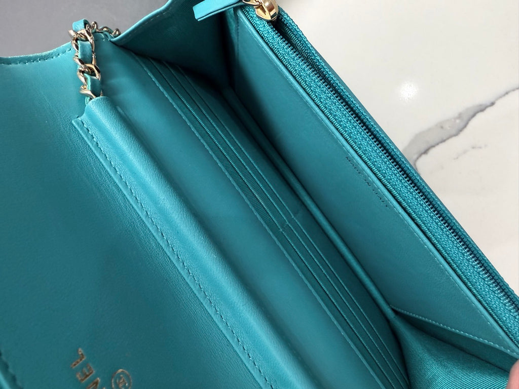 Chanel Chevron Lambskin Wallet On Chain in Aqua Blue with Gold Hardware
