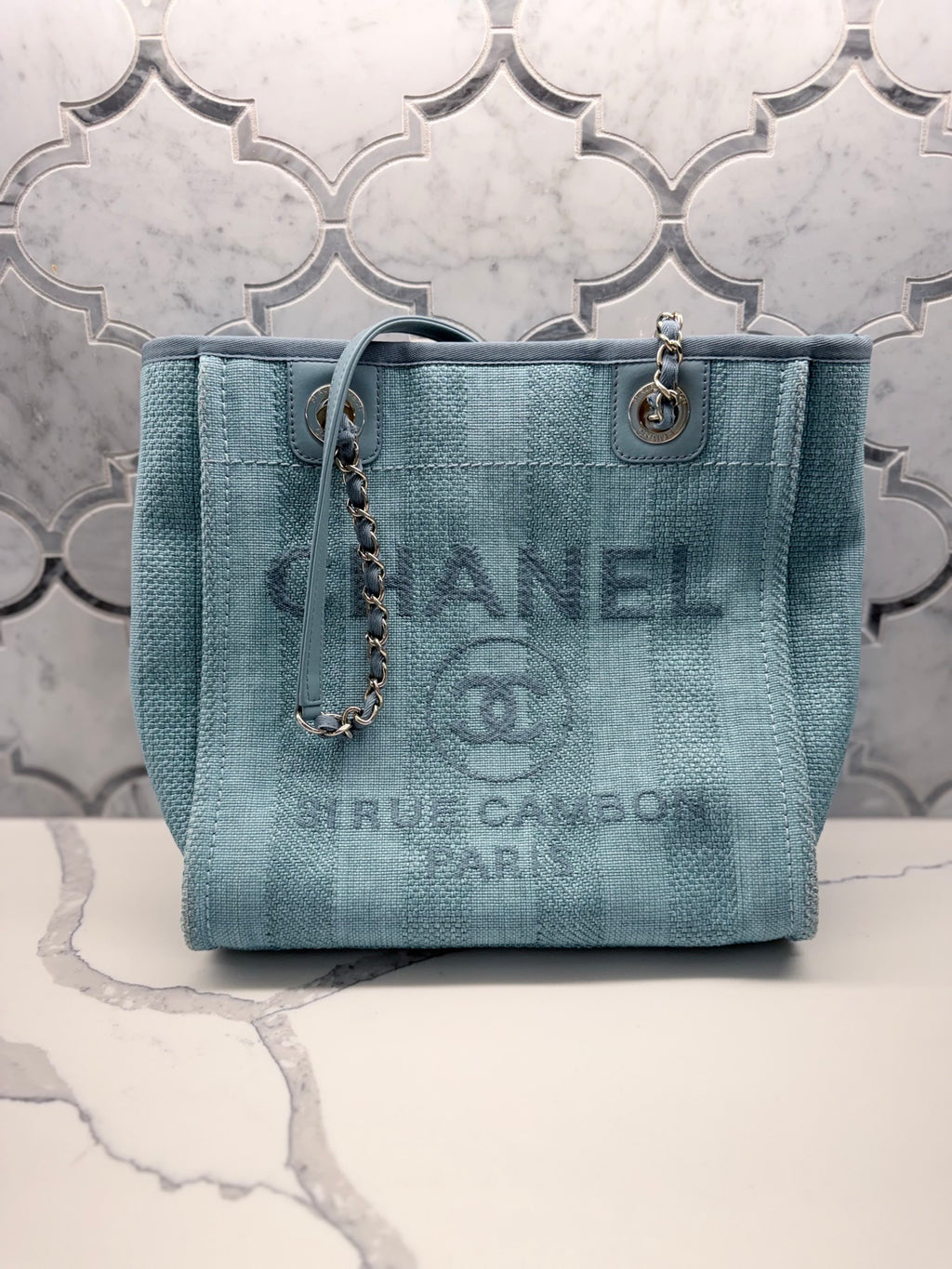 Chanel Deauville Tote — Light Blue Raffia with Silver Hardware