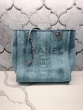 Chanel Deauville Tote — Light Blue Raffia with Silver Hardware