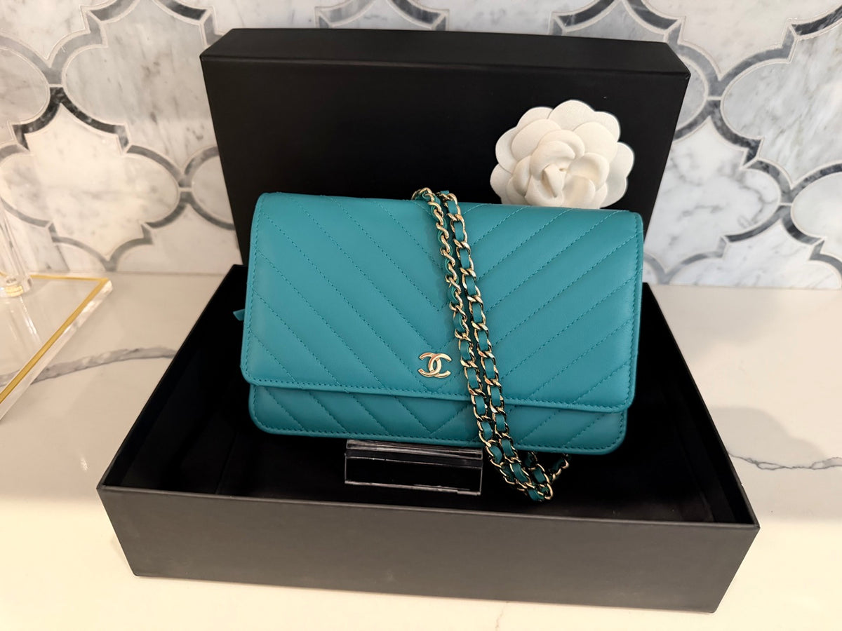Chanel Chevron Lambskin Wallet On Chain in Aqua Blue with Gold Hardware