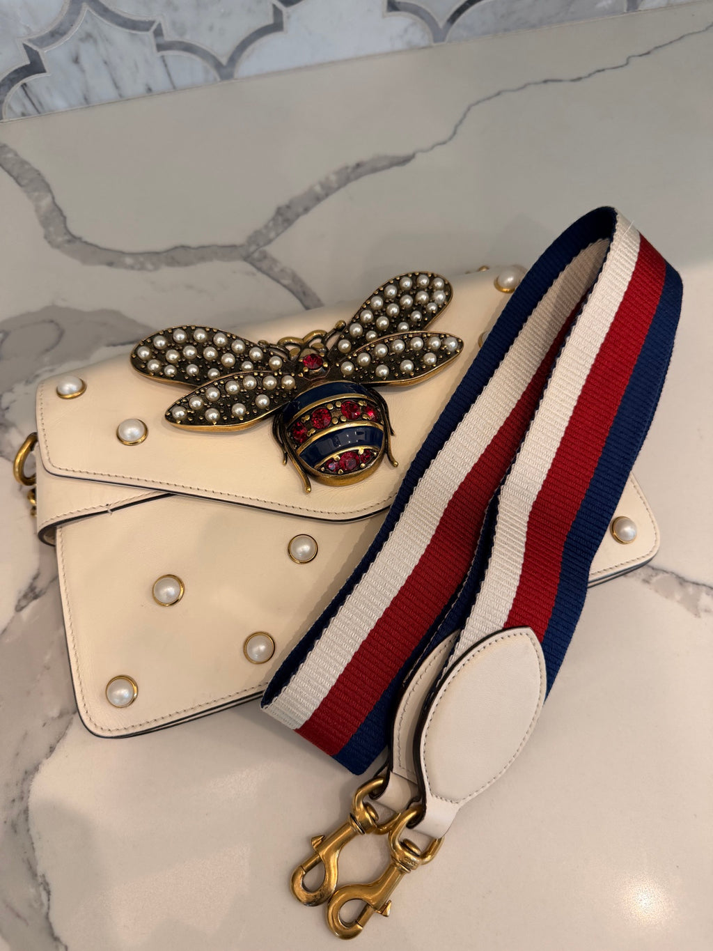 Gucci Pearl Bee Clutch — Ivory Leather