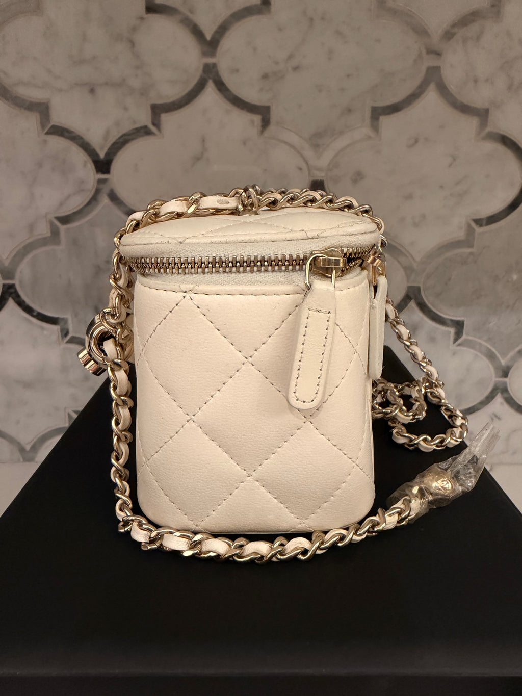 Chanel White Quilted Vanity Case with Checkered Ball Charm