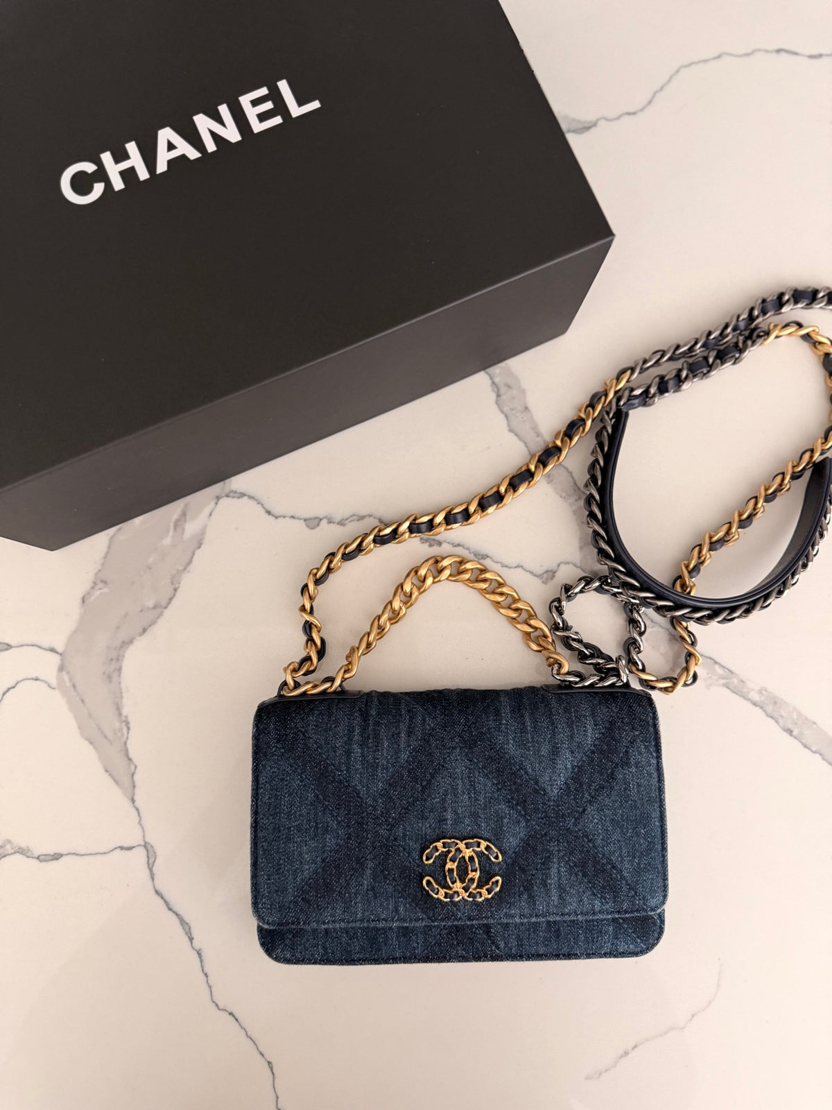 Chanel 19 Navy Quilted Denim Wallet On Chain