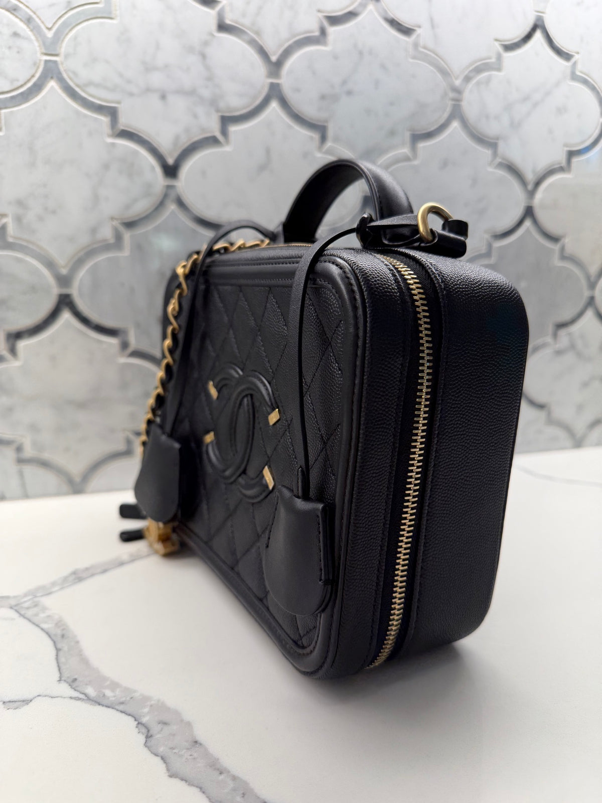Chanel Filigree Vanity Case — Black Quilted Caviar Leather with Gold Hardware