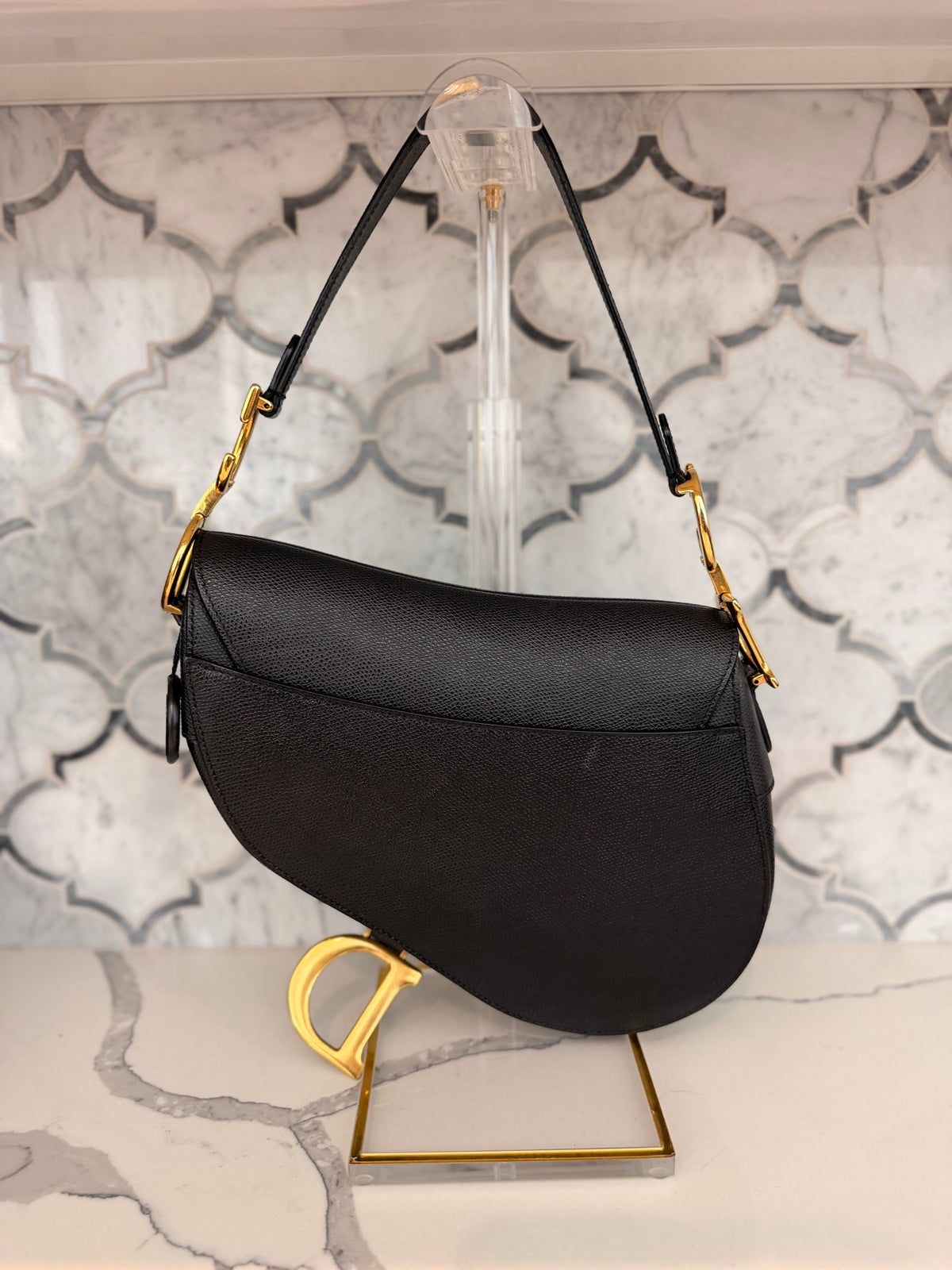 DIOR Black Saddle Shoulder Bag with Gold D Charm