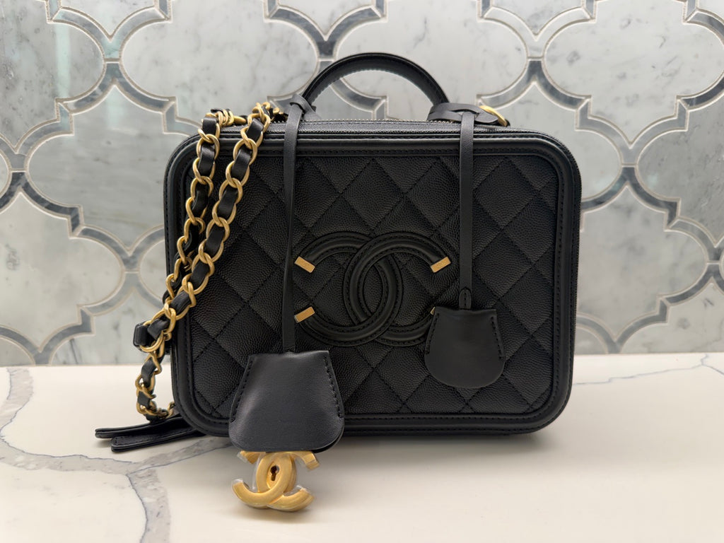 Chanel Filigree Vanity Case — Black Quilted Caviar Leather with Gold Hardware
