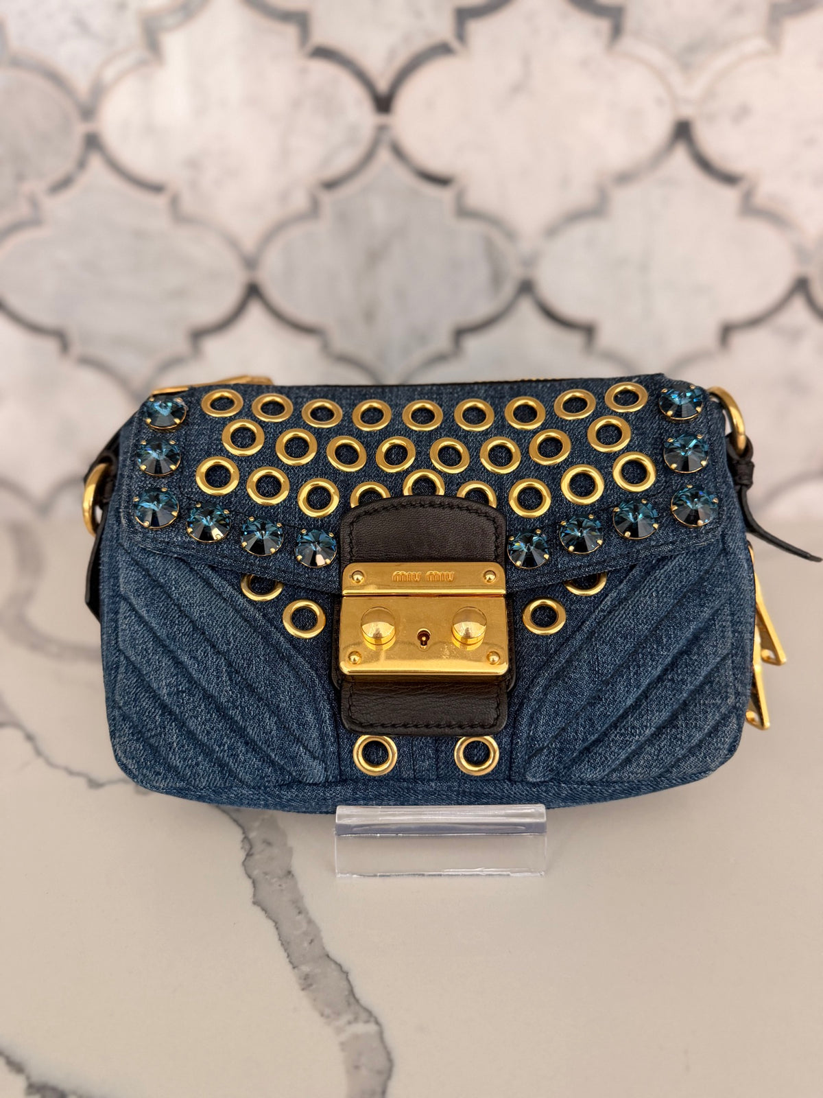 Miu Miu Denim Crystal-Embellished Crossbody Bag — Eyelet Detail