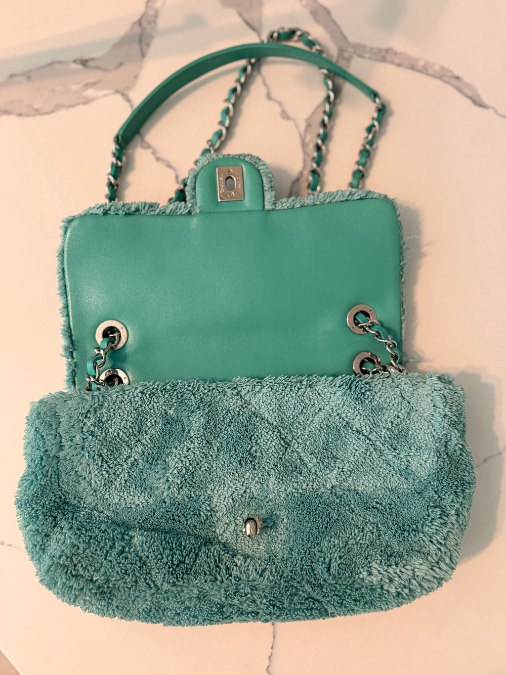 Chanel 19 Flap Bag — Green Terry Cloth with Silver Hardware