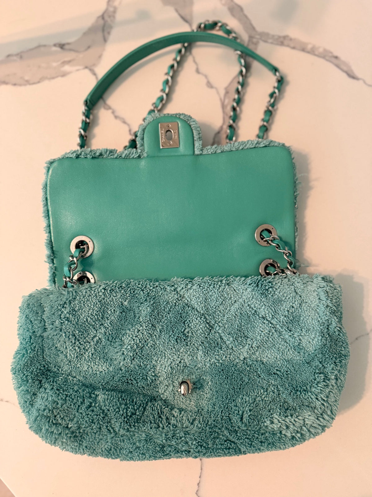 Chanel 19 Flap Bag — Green Terry Cloth with Silver Hardware