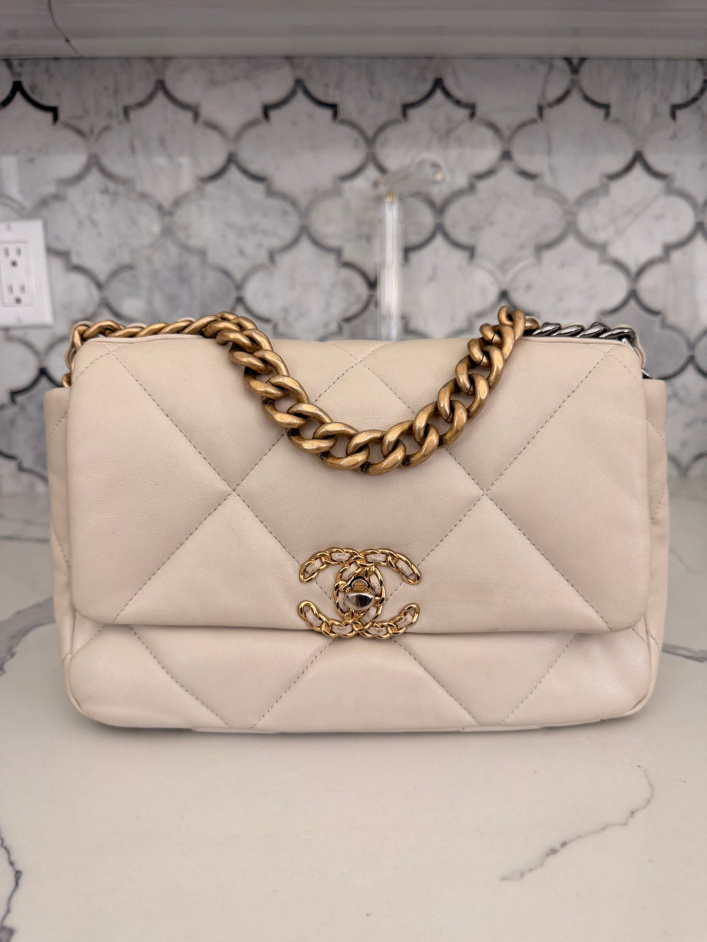 Chanel 19 Medium Flap Bag in Beige Quilted Lambskin