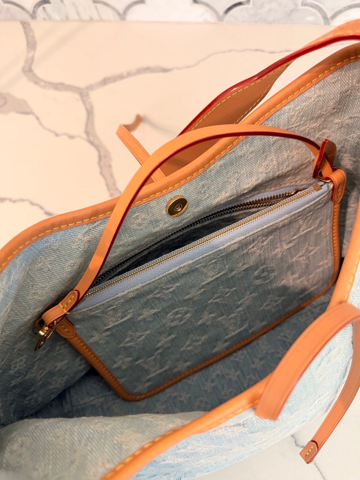 Louis Vuitton Monogram Denim CarryAll PM in Sky Blue with Pochette