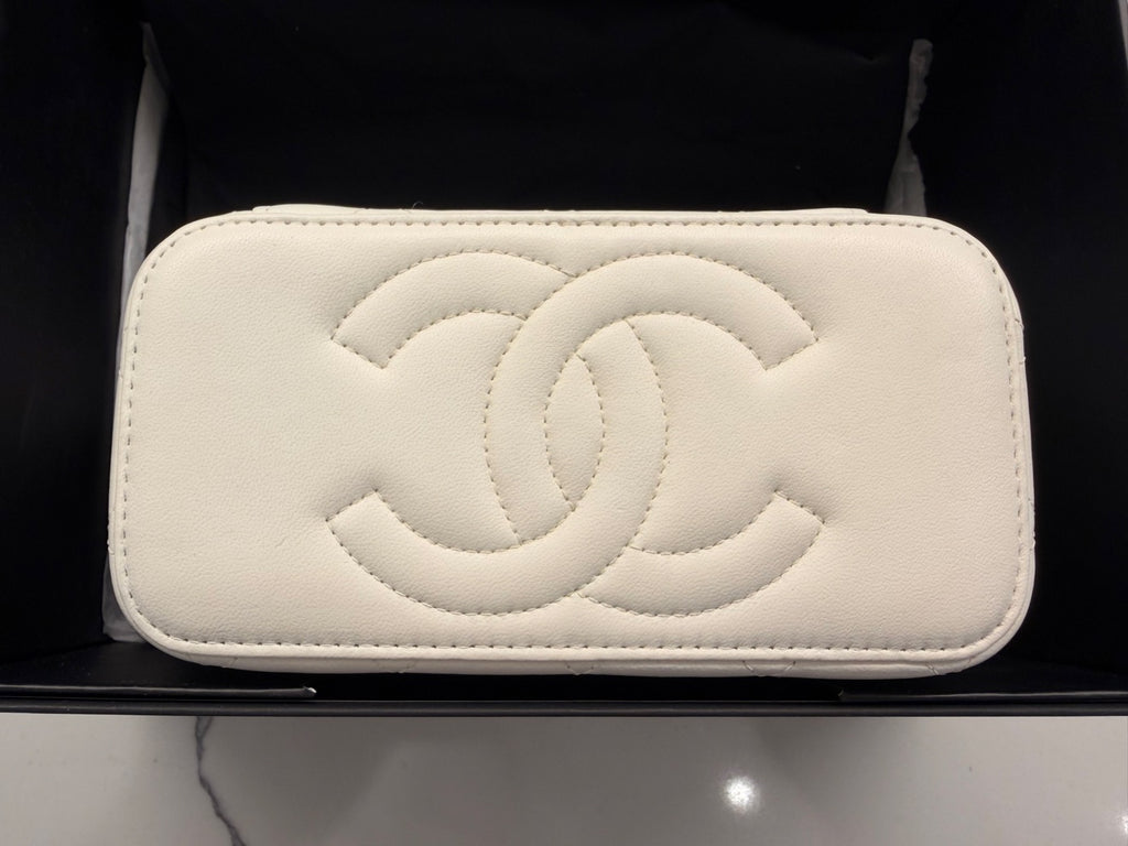 Chanel White Quilted Vanity Case with Checkered Ball Charm