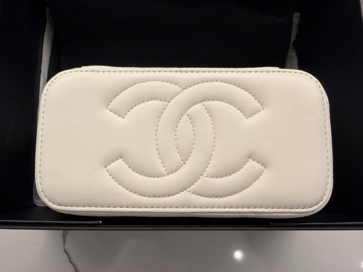 Chanel White Quilted Vanity Case with Checkered Ball Charm
