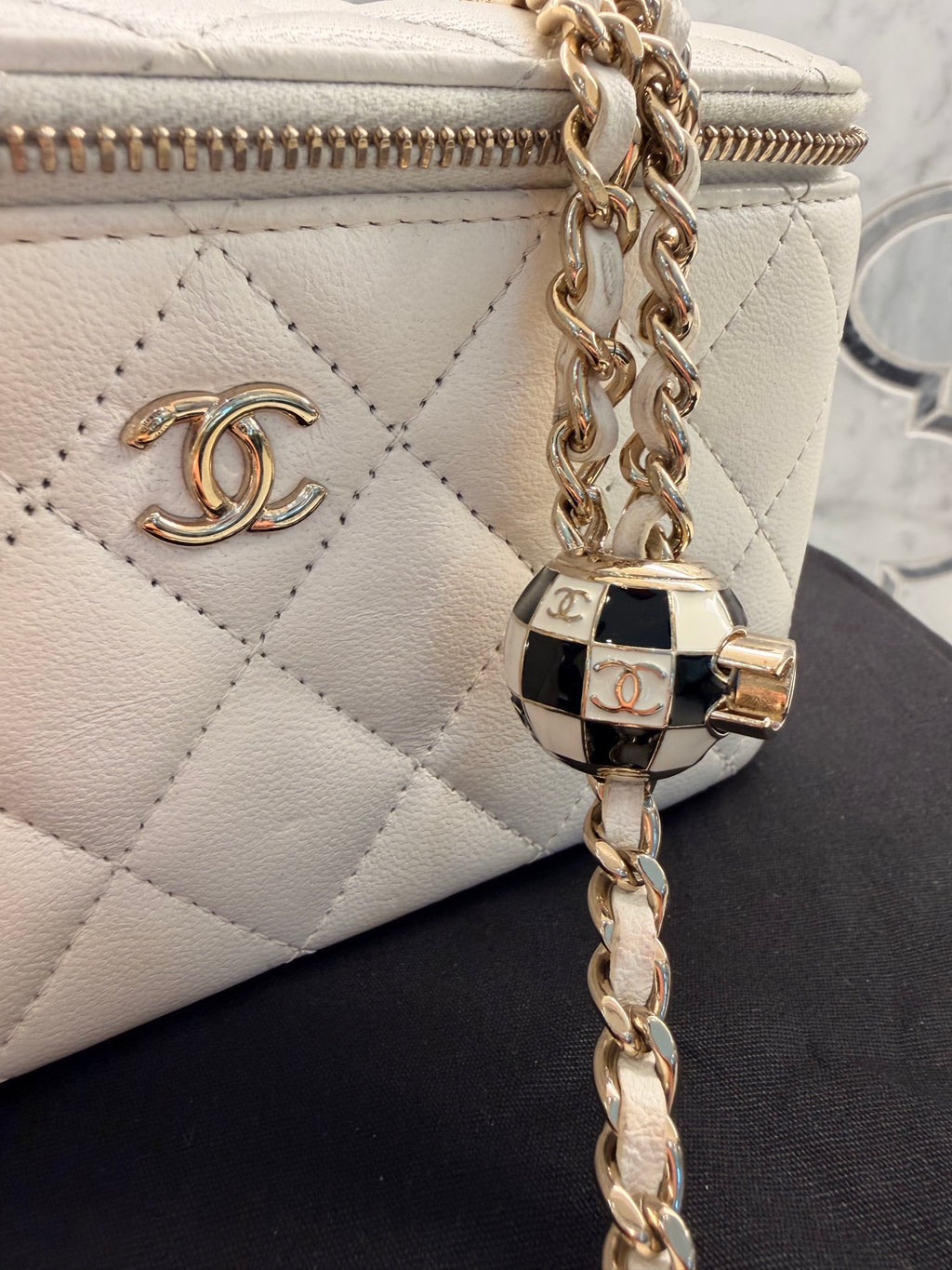 Chanel White Quilted Vanity Case with Checkered Ball Charm