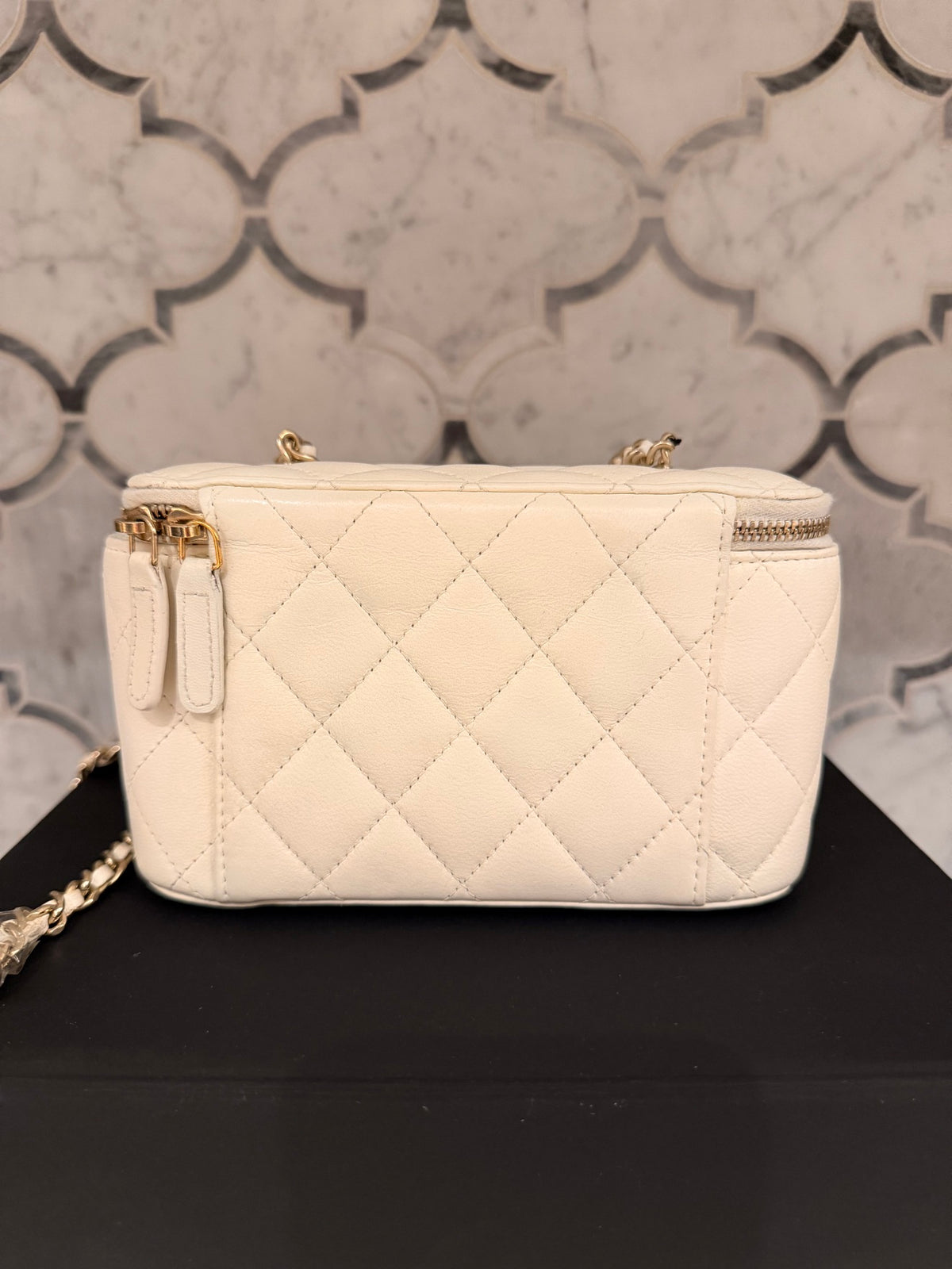 Chanel White Quilted Vanity Case with Checkered Ball Charm