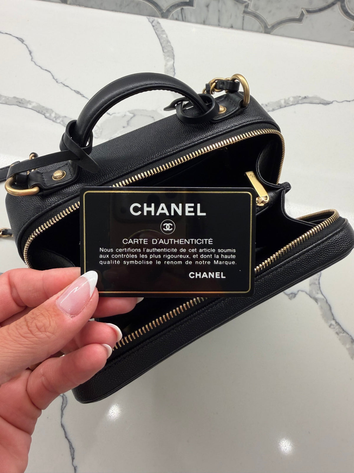 Chanel Filigree Vanity Case — Black Quilted Caviar Leather with Gold Hardware