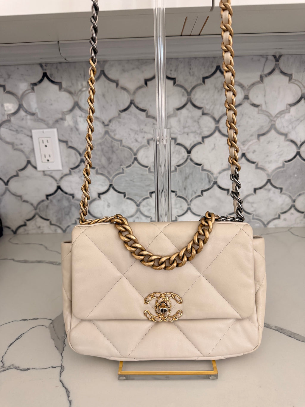 Chanel 19 Medium Flap Bag in Beige Quilted Lambskin