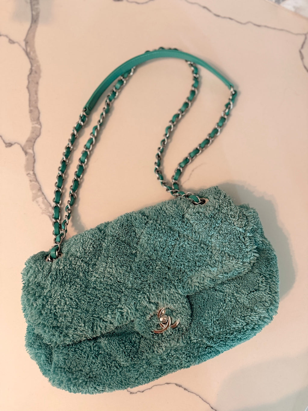 Chanel 19 Flap Bag — Green Terry Cloth with Silver Hardware