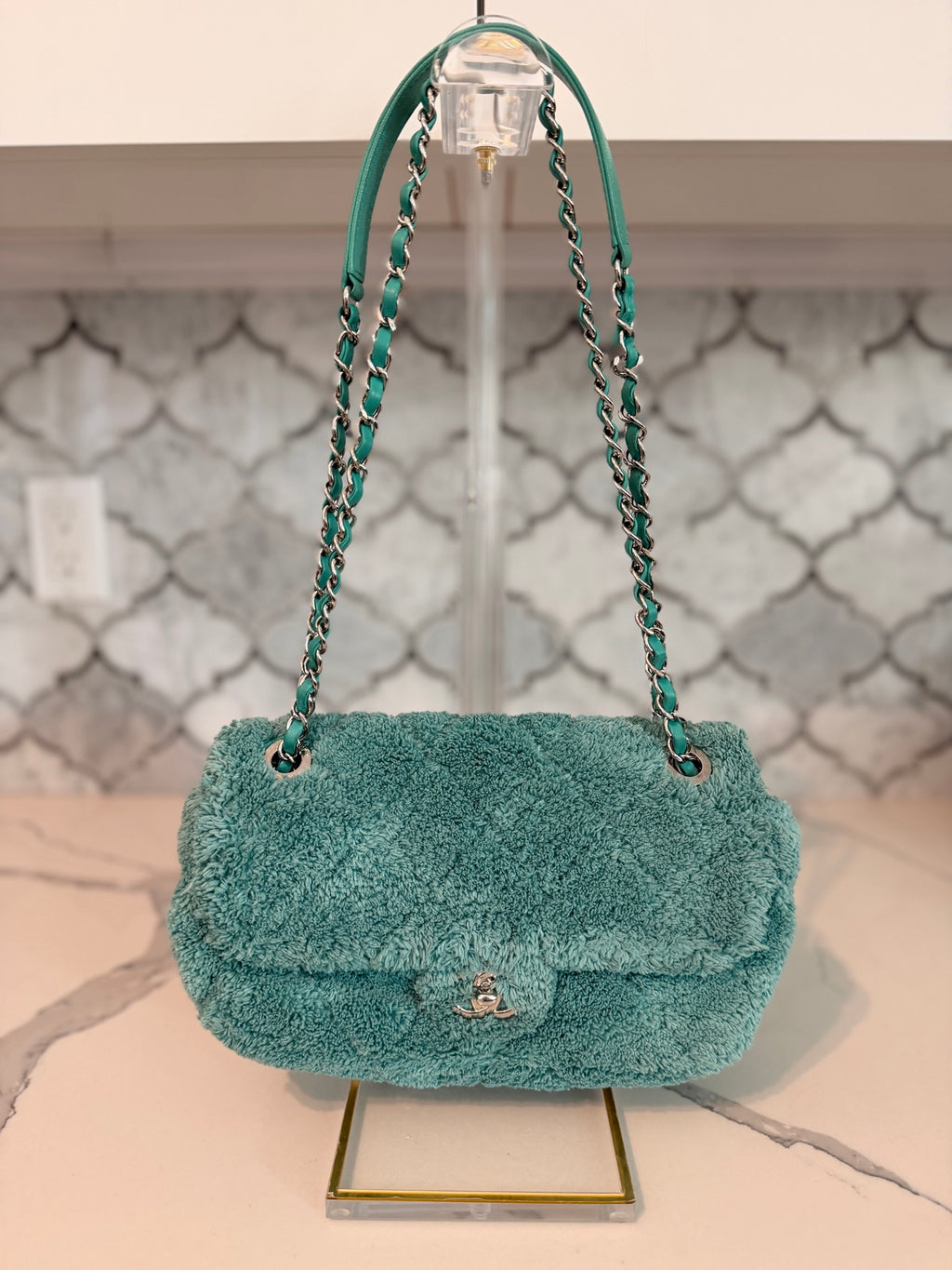 Chanel 19 Flap Bag — Green Terry Cloth with Silver Hardware