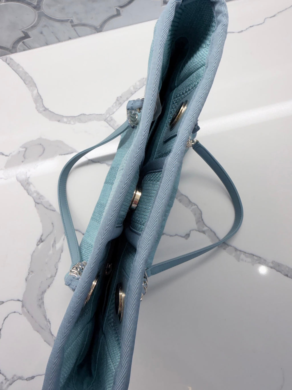 Chanel Deauville Tote — Light Blue Raffia with Silver Hardware