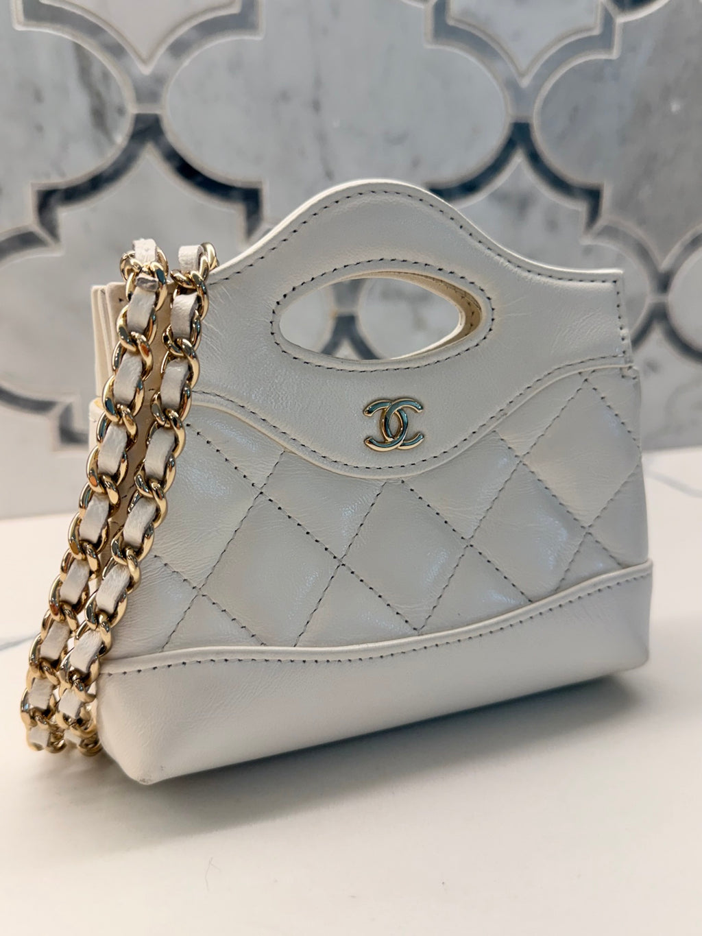 Chanel Nano 31 Shopping Bag — White Calfskin with Gold Hardware