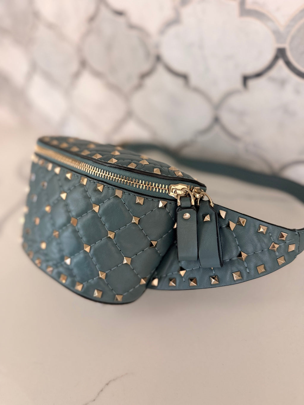Valentino Garavani Rockstud Spike Belt Bag — Muted Teal Nappa