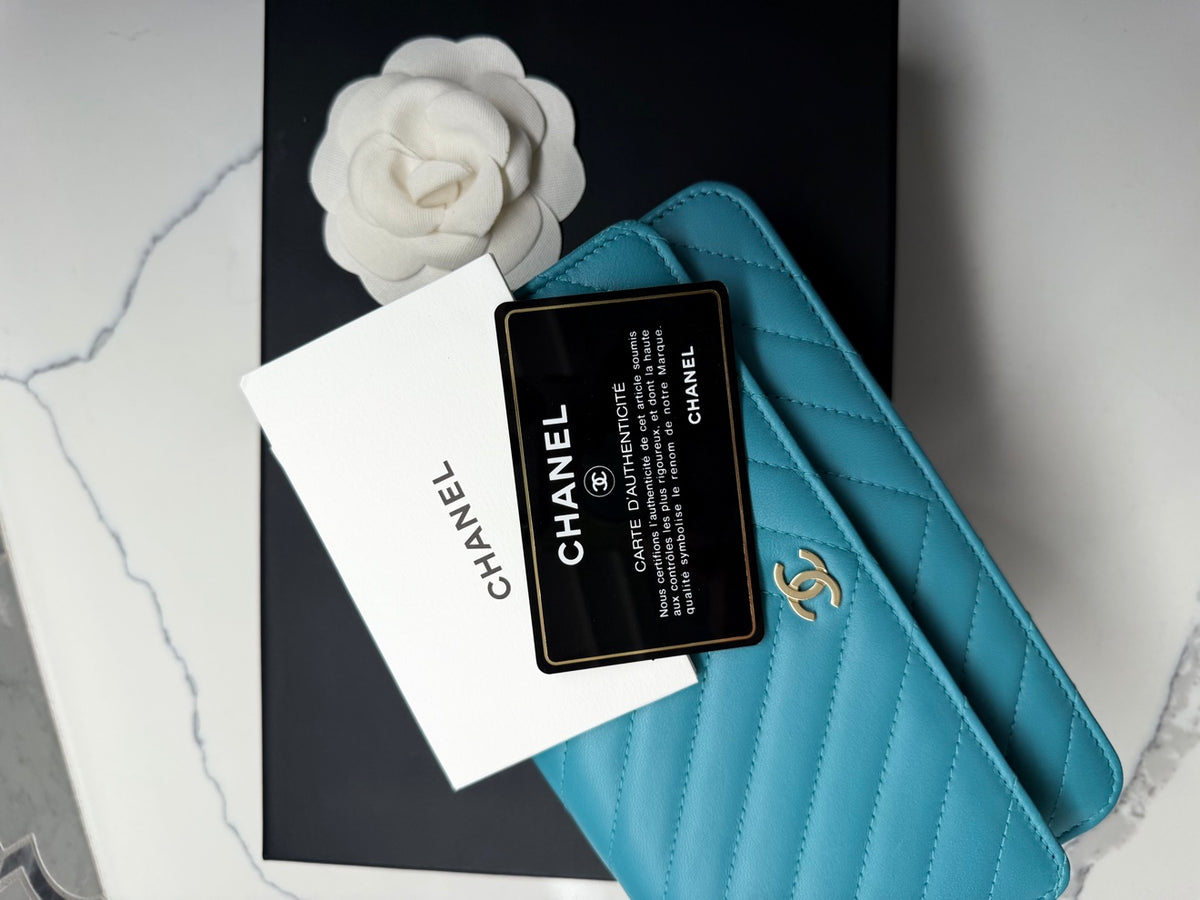Chanel Chevron Lambskin Wallet On Chain in Aqua Blue with Gold Hardware
