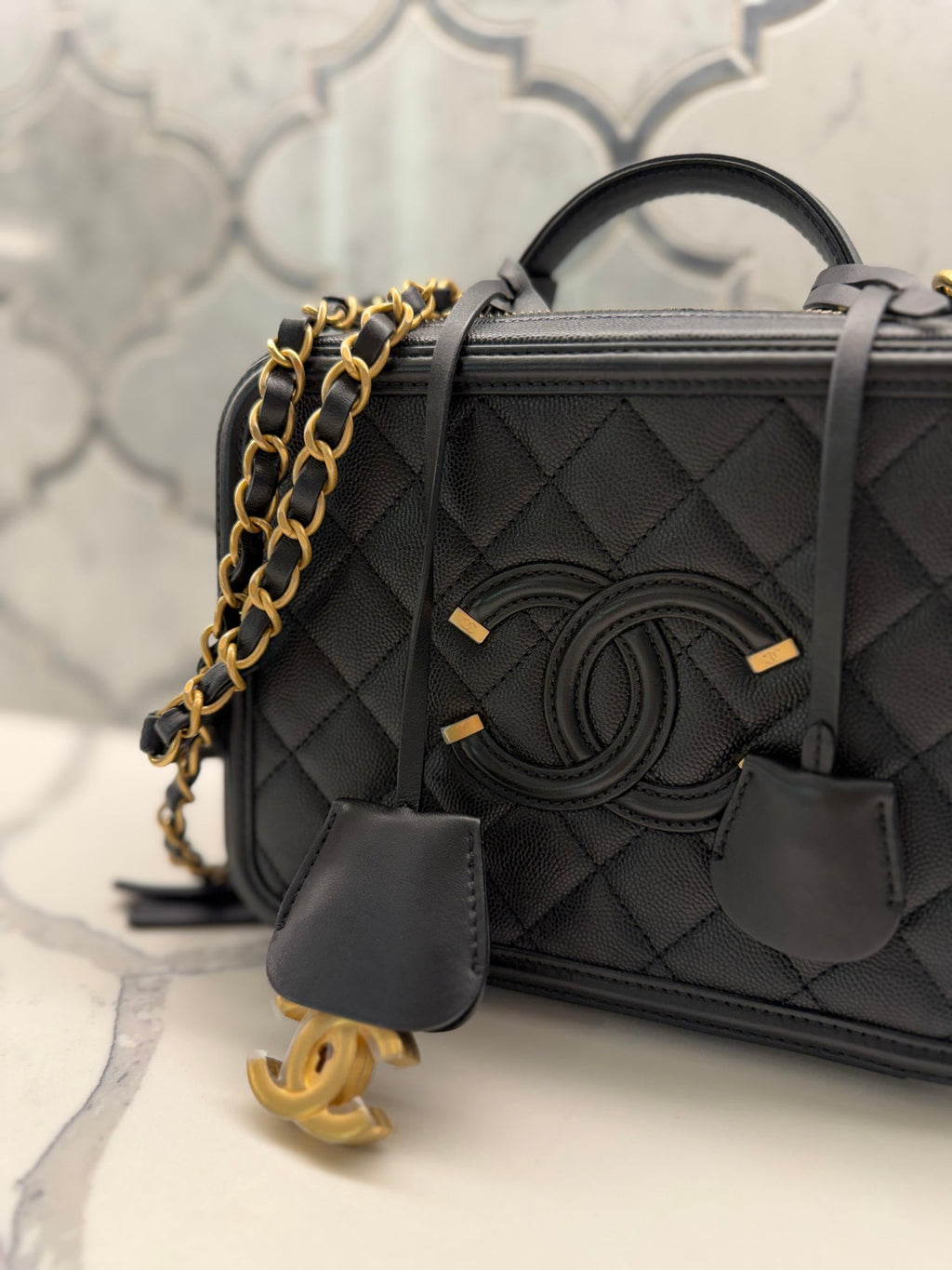 Chanel Filigree Vanity Case — Black Quilted Caviar Leather with Gold Hardware