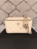 Chanel White Quilted Vanity Case with Checkered Ball Charm