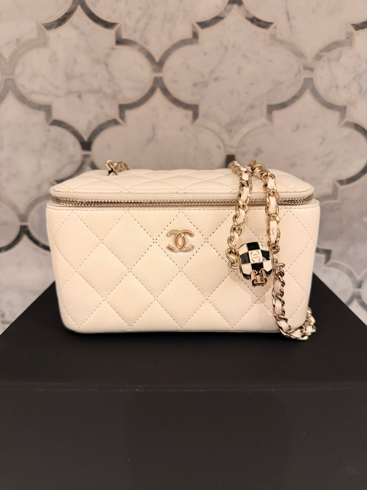Chanel White Quilted Vanity Case with Checkered Ball Charm