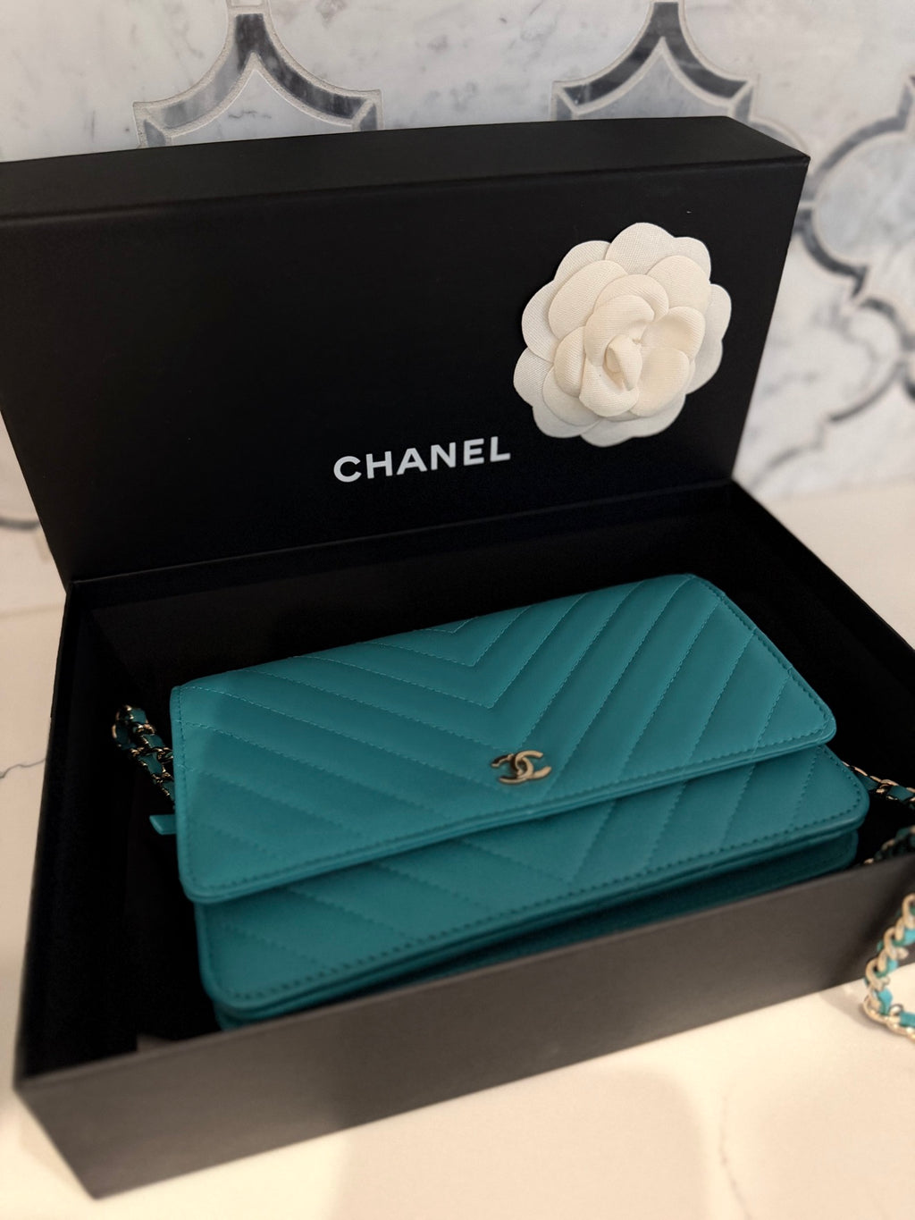 Chanel Chevron Lambskin Wallet On Chain in Aqua Blue with Gold Hardware