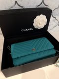 Chanel Chevron Lambskin Wallet On Chain in Aqua Blue with Gold Hardware