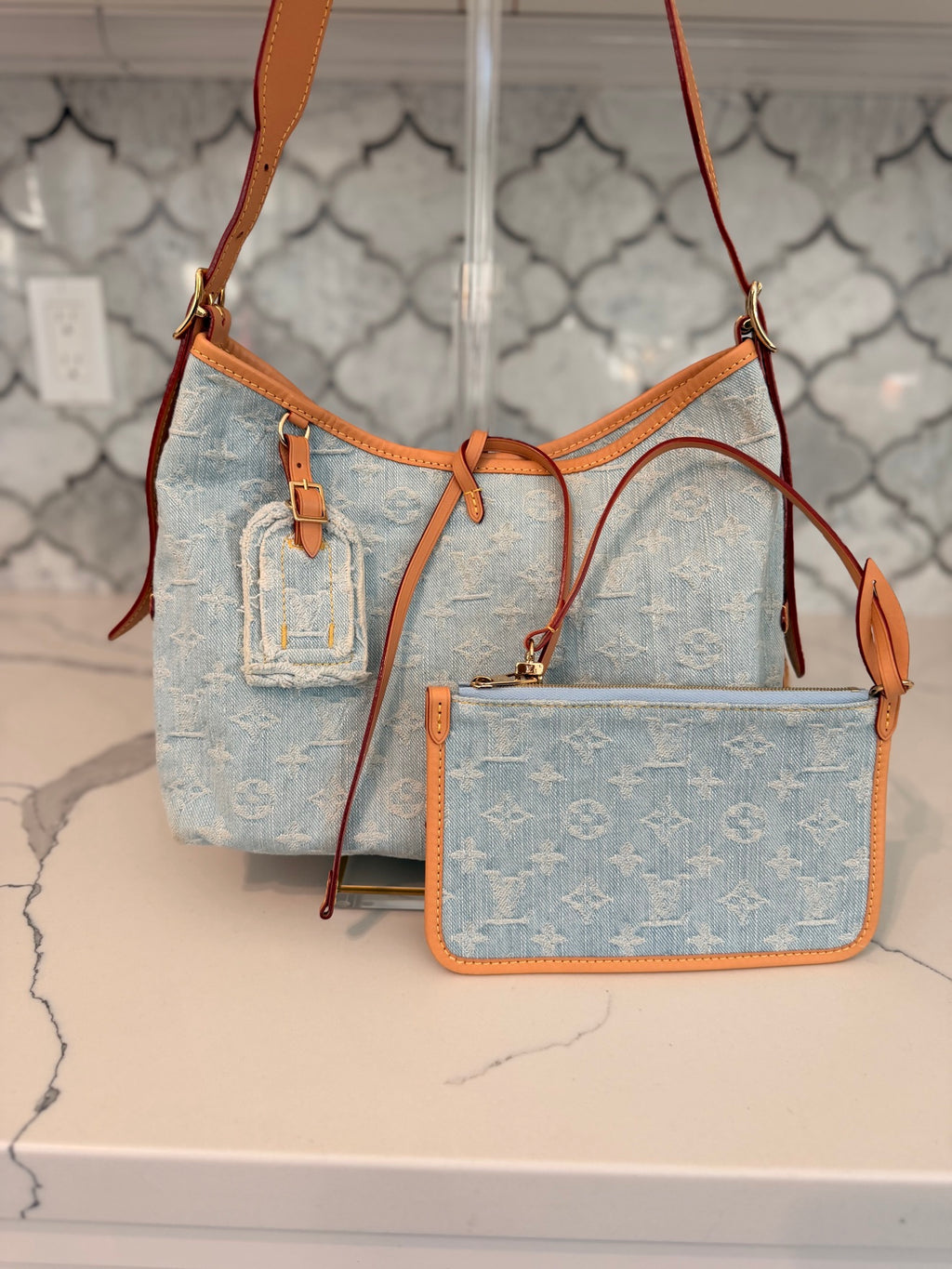 Louis Vuitton Monogram Denim CarryAll PM in Sky Blue with Pochette