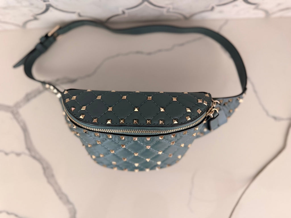 Valentino Garavani Rockstud Spike Belt Bag — Muted Teal Nappa