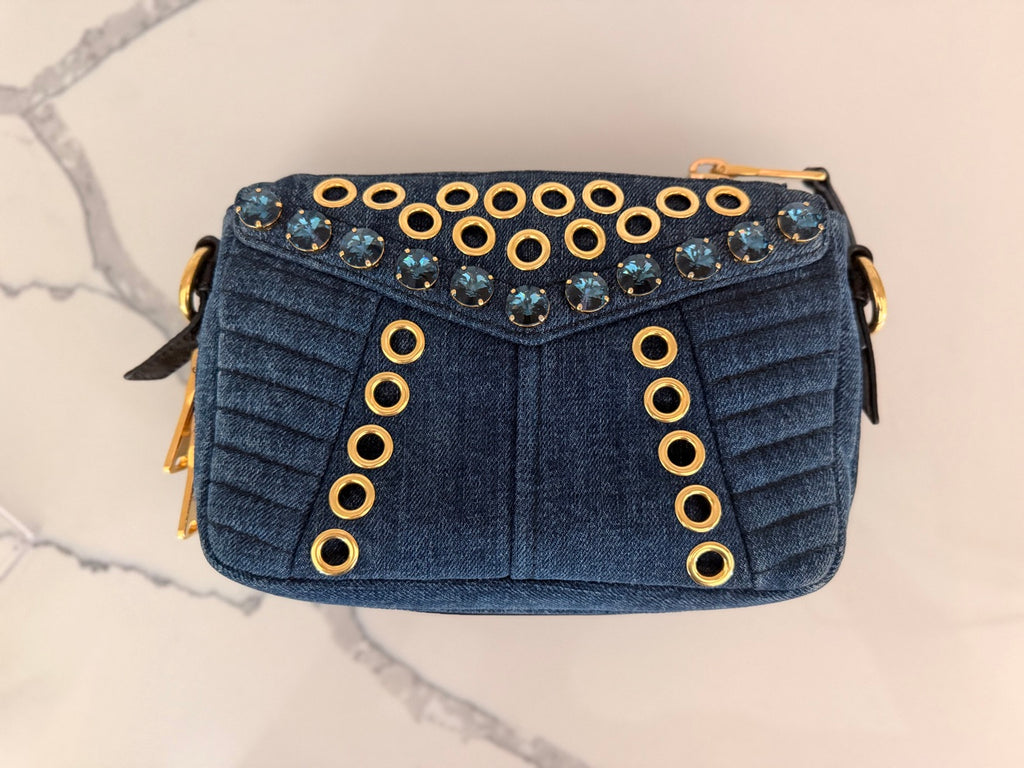 Miu Miu Denim Crystal-Embellished Crossbody Bag — Eyelet Detail