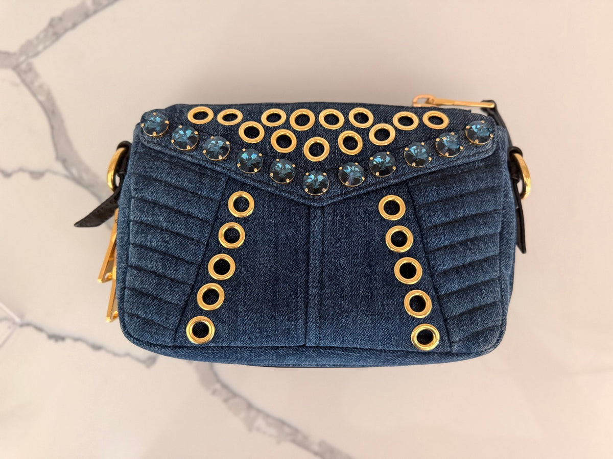 Miu Miu Denim Crystal-Embellished Crossbody Bag — Eyelet Detail