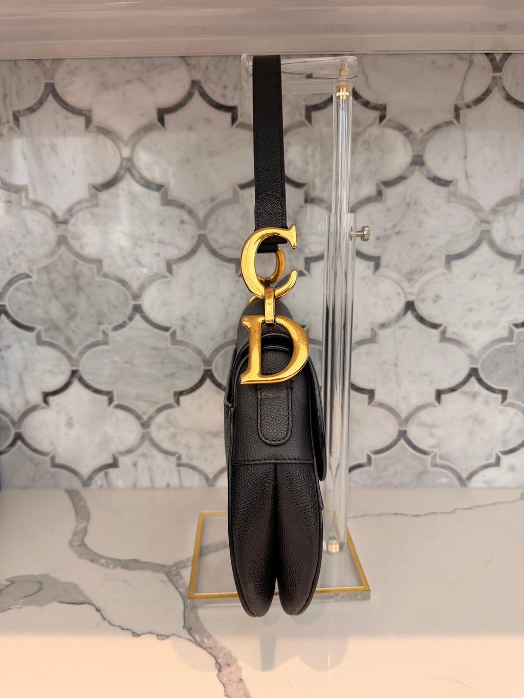 DIOR Black Saddle Shoulder Bag with Gold D Charm
