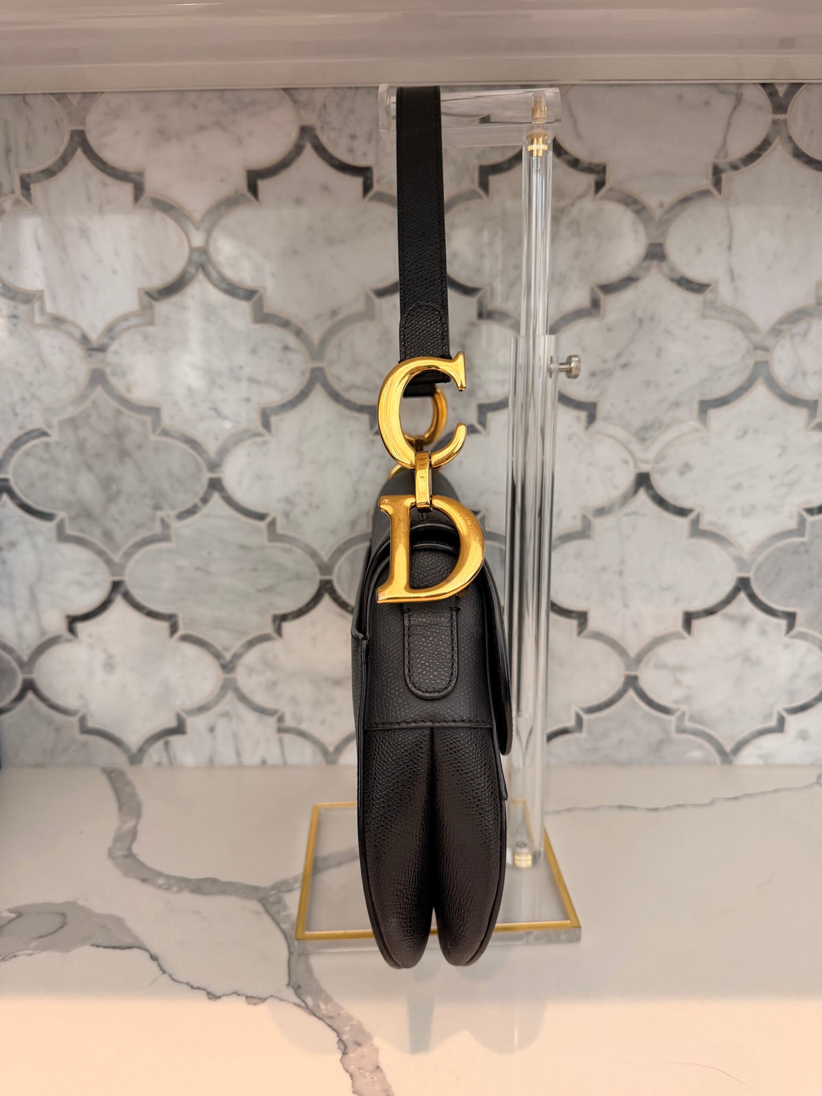 DIOR Black Saddle Shoulder Bag with Gold D Charm