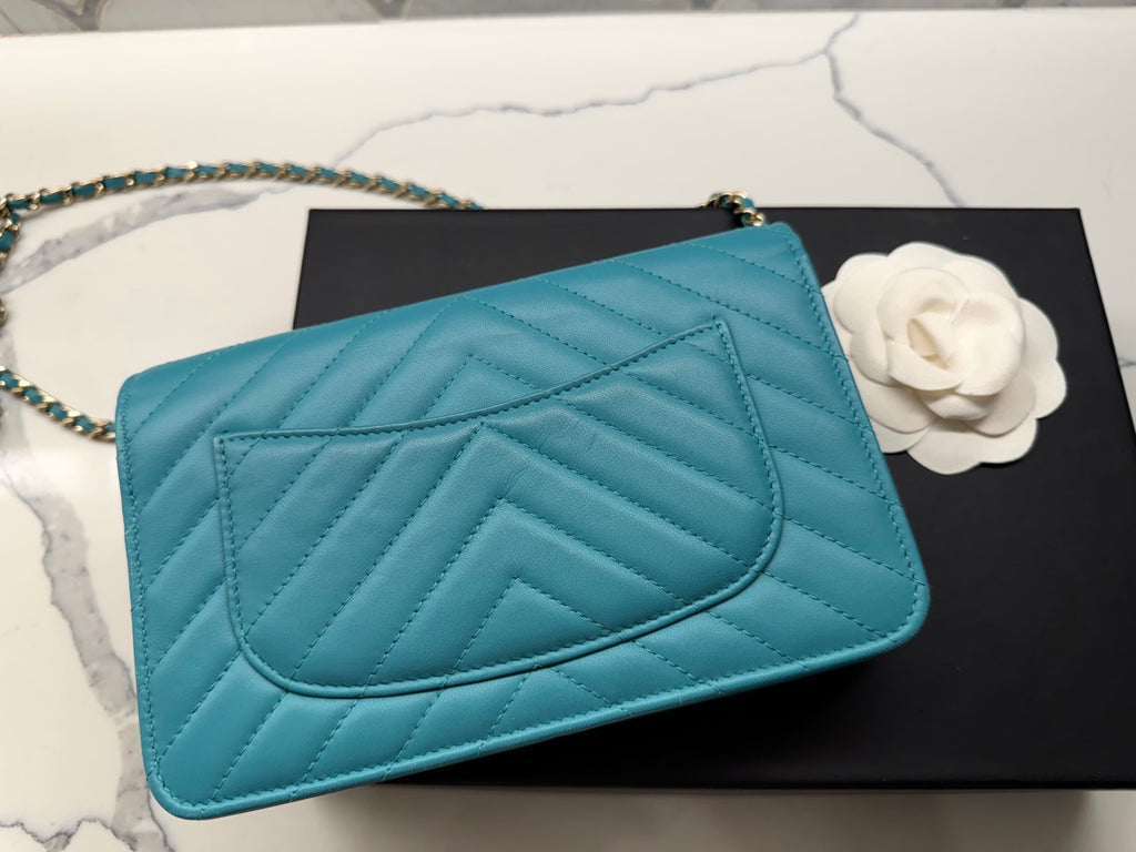 Chanel Chevron Lambskin Wallet On Chain in Aqua Blue with Gold Hardware