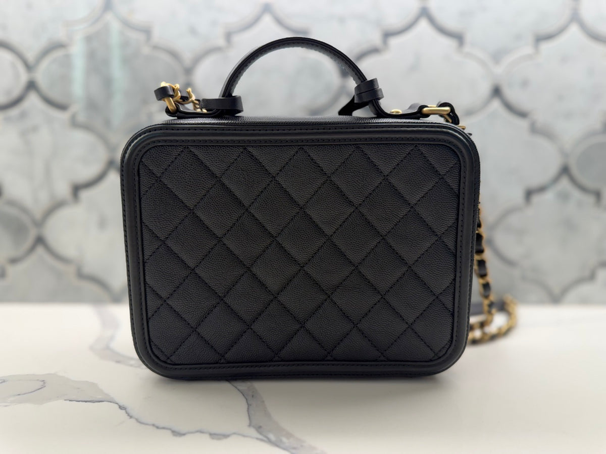 Chanel Filigree Vanity Case — Black Quilted Caviar Leather with Gold Hardware