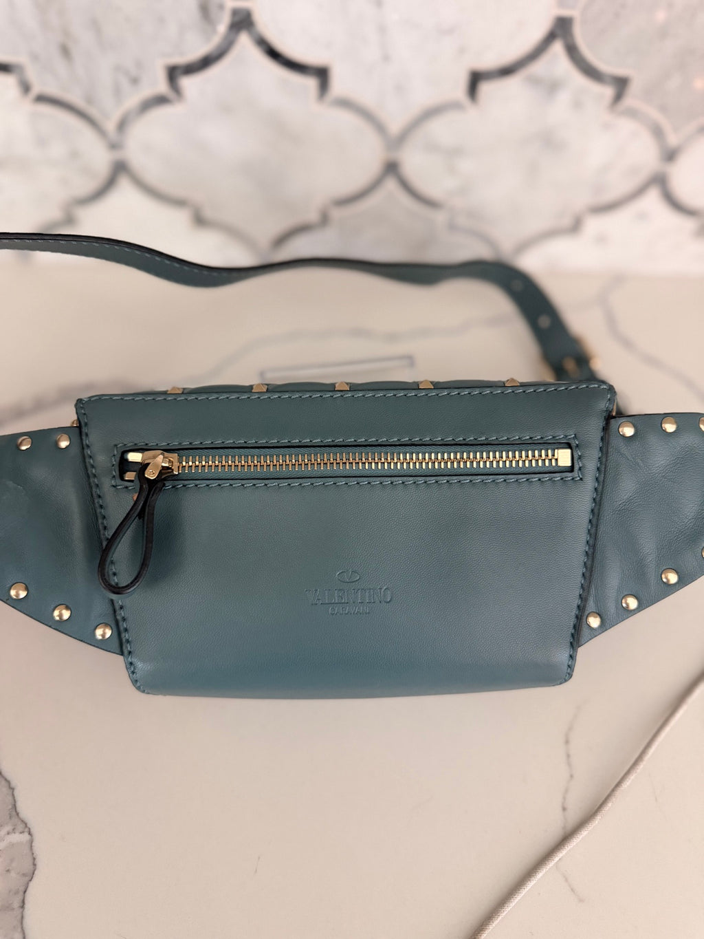 Valentino Garavani Rockstud Spike Belt Bag — Muted Teal Nappa