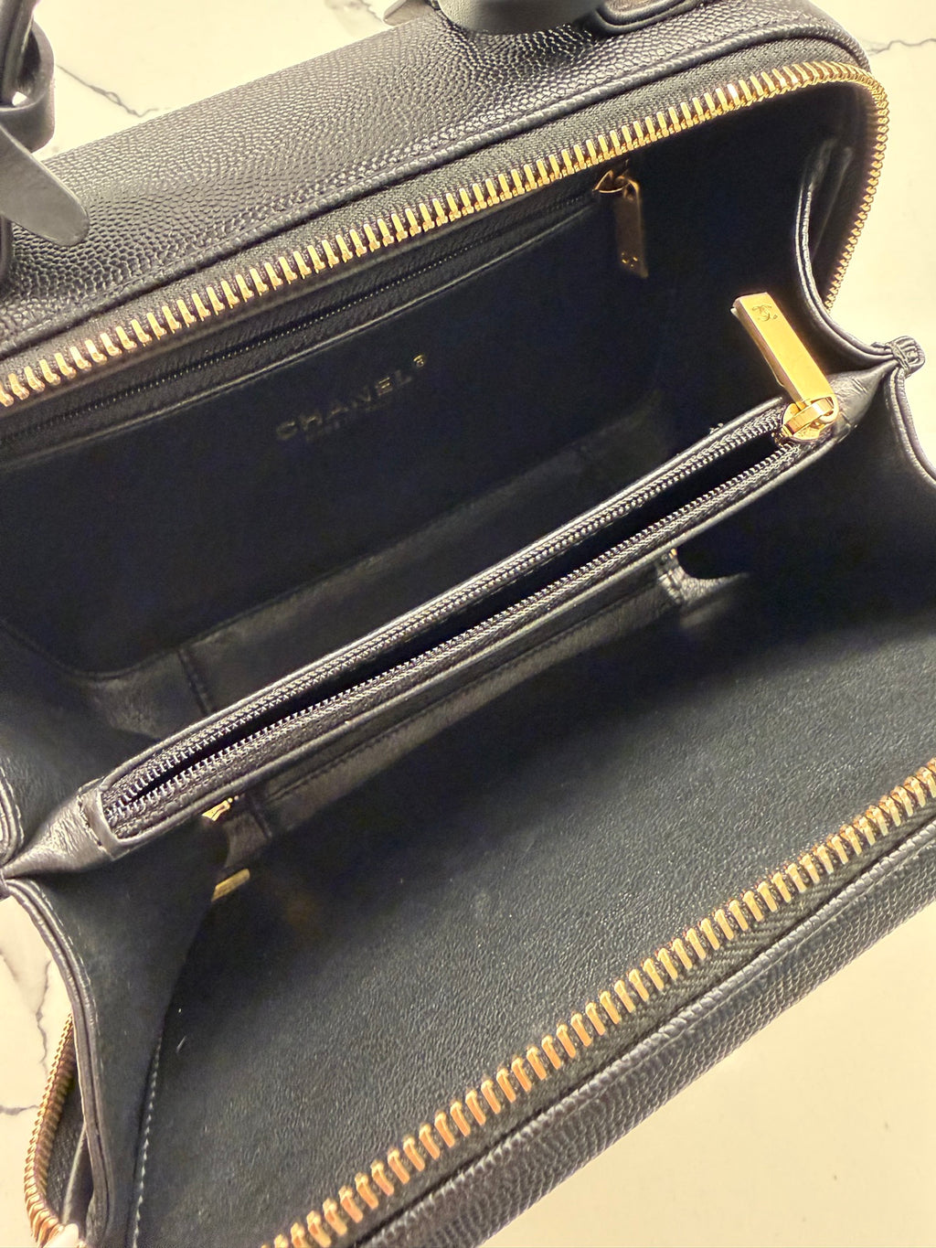 Chanel Filigree Vanity Case — Black Quilted Caviar Leather with Gold Hardware